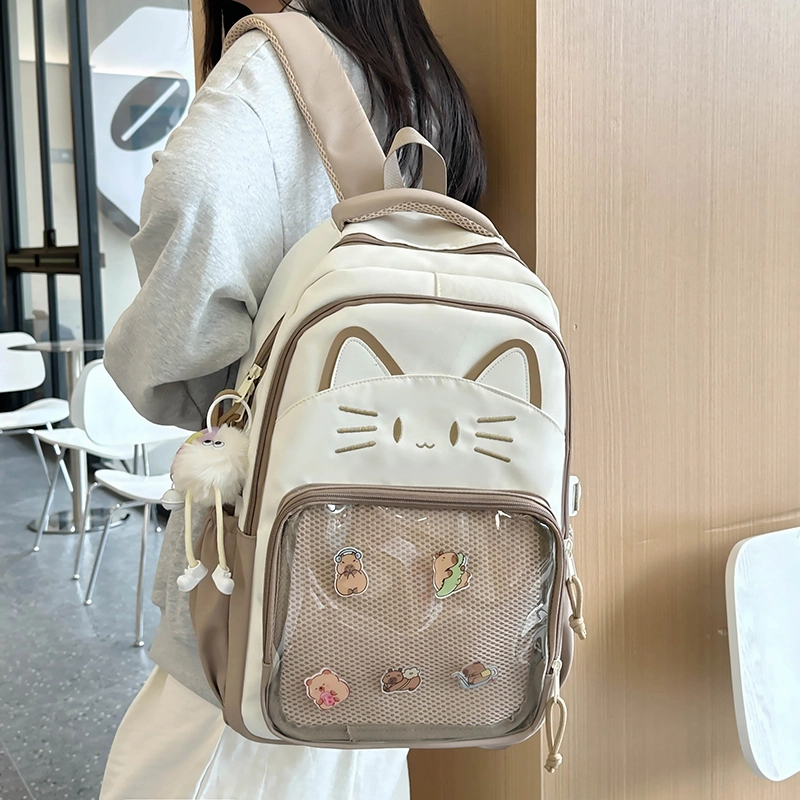 米囹 书包女生男生 女童男童双肩包初中生 猫咪卡通背包 常规 白色