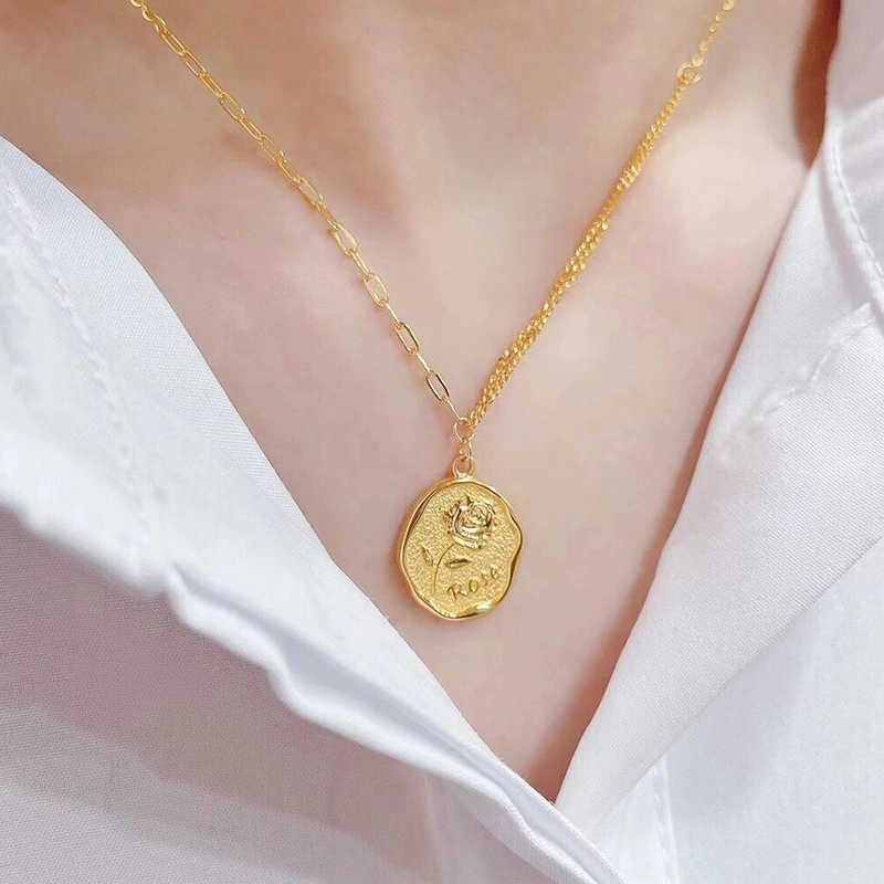 智玉云祥 轻奢简约玫瑰花 花牌花朵吊坠 足金 按克计价 项链 女款