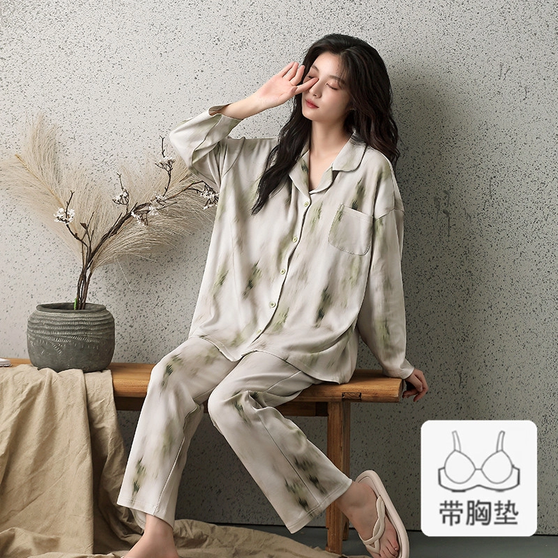 欧迪芬 亲肤柔软透气舒适带胸垫泼墨可外穿家居服睡衣套装 女款 绿色晕染