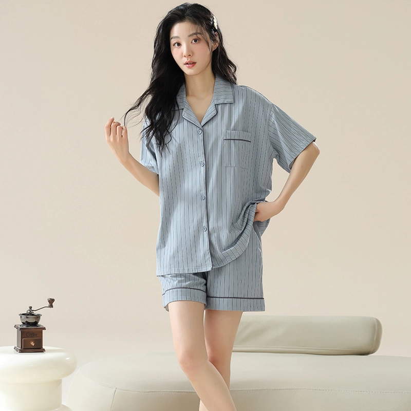 欧迪芬 透气凉感舒适休闲简约条纹短袖三分裤睡衣套装 男女同款 蓝色