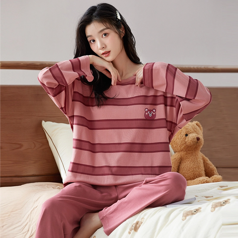 欧迪芬 纯棉家居服免穿文胸条纹圆领长袖柔软舒适亲肤休闲线条透气春夏款长裤睡衣套装 女款 红色