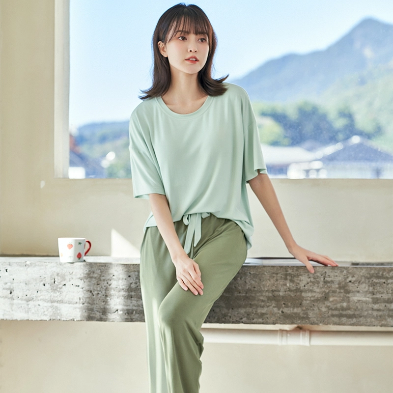 欧迪芬 舒适凉感短袖亲肤休闲长裤睡衣套装 女款 碧绿色