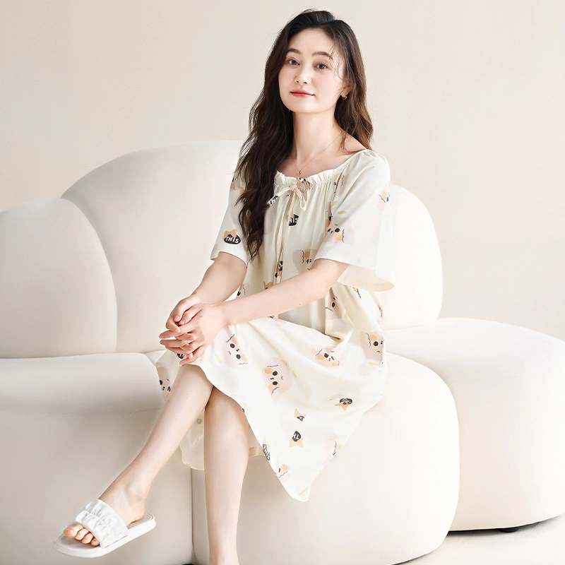 欧迪芬 透气短袖柔软舒适休闲卡通可爱睡裙 女款 白色