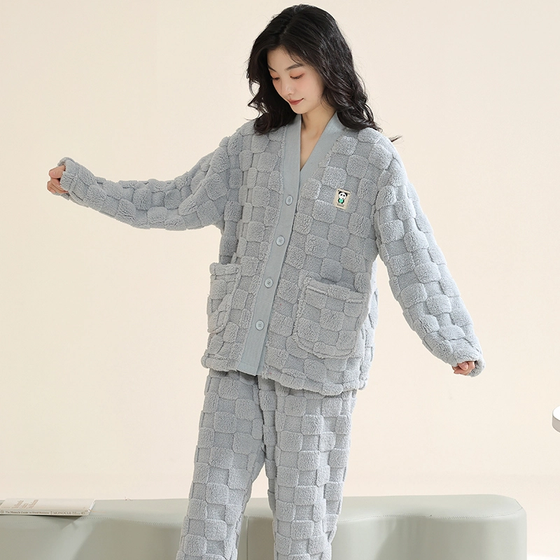 欧迪芬 纯色开衫柔软保暖舒适简约睡衣套装 女款 蓝色