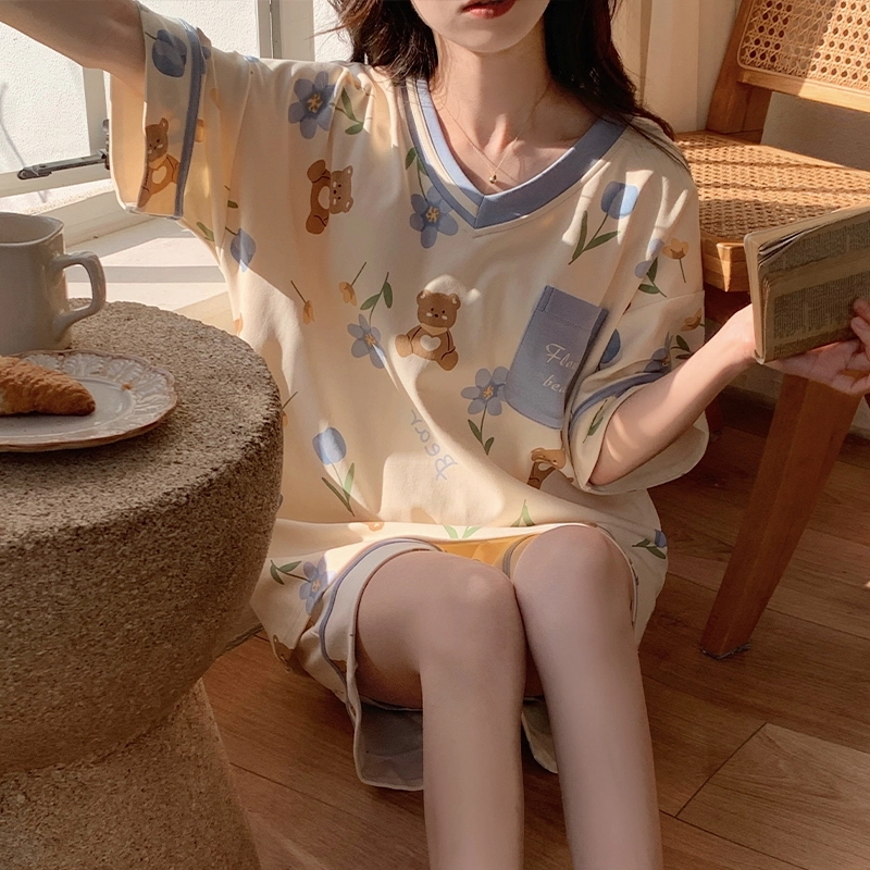 欧迪芬 自带胸垫宽松可外穿可爱甜美宽松短袖短裤家居服睡衣套装 女款