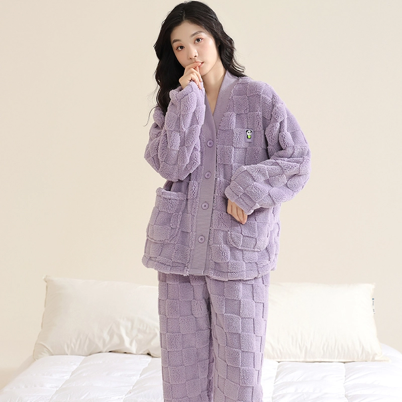 欧迪芬 纯色开衫长袖柔软保暖舒适简约长裤睡衣套装 女款 粉色