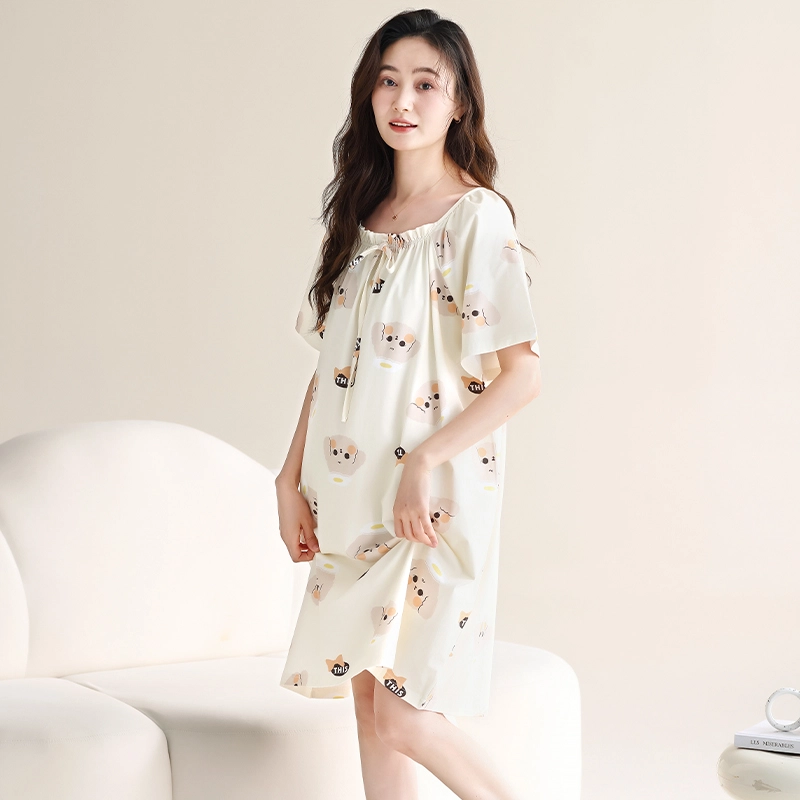 欧迪芬 透气短袖柔软舒适休闲卡通可爱睡裙 女款 白色