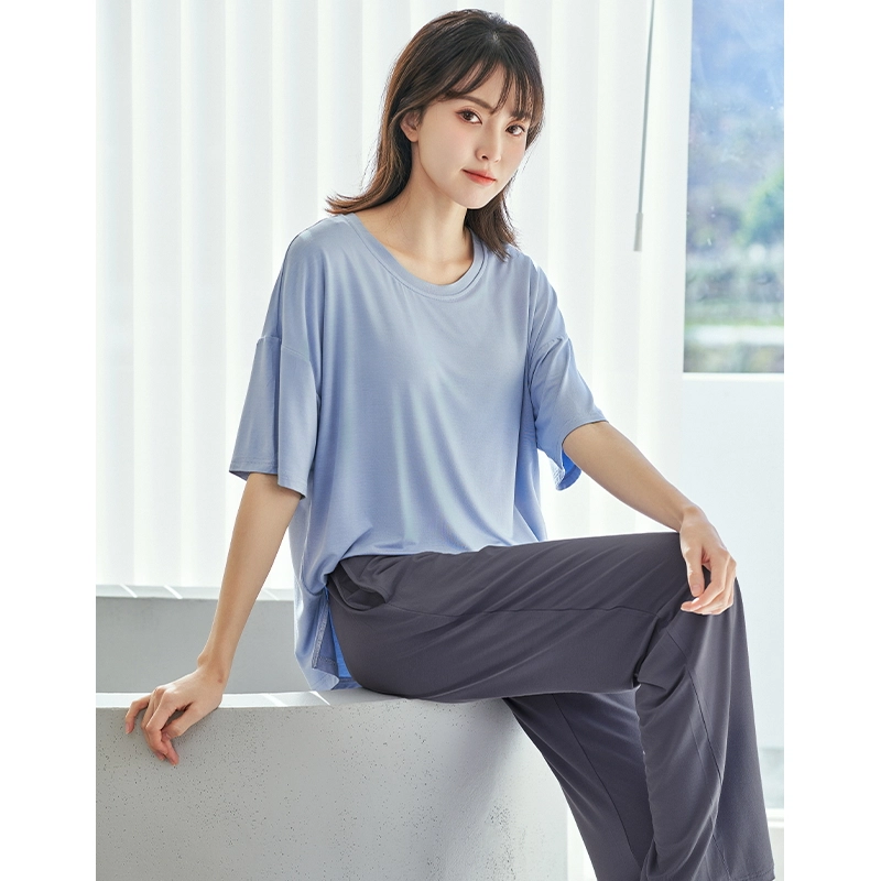 欧迪芬 青春活力甜美短袖亲肤舒适七分裤睡衣套装 女款 蓝色