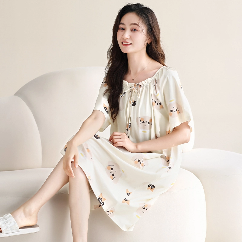 欧迪芬 透气短袖柔软舒适休闲卡通可爱睡裙 女款 白色