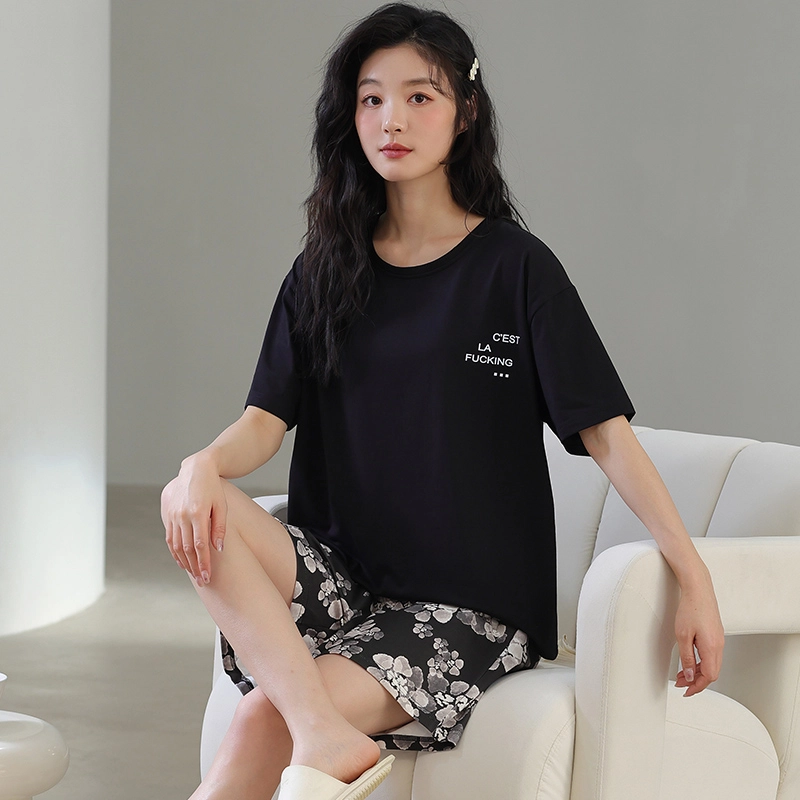 欧迪芬 圆领亲肤柔软不起球条纹碎花小清新居家舒适可外穿家居服短袖三分裤睡衣套装 女款
