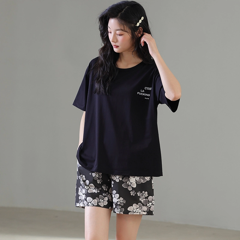 欧迪芬 圆领亲肤柔软不起球条纹碎花小清新居家舒适可外穿家居服短袖三分裤睡衣套装 女款