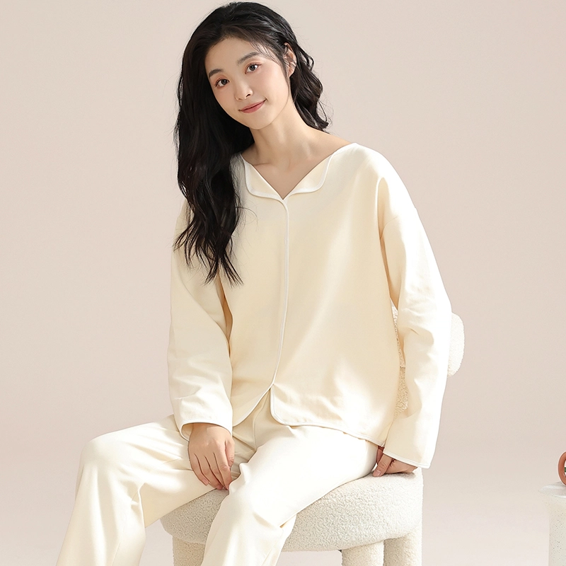 欧迪芬 纯色翻领纯棉长袖长裤睡衣套装 女款 白色