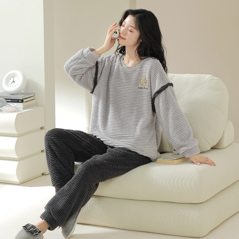 欧迪芬 家居服长袖圆领防寒保暖长裤睡衣套装 女款