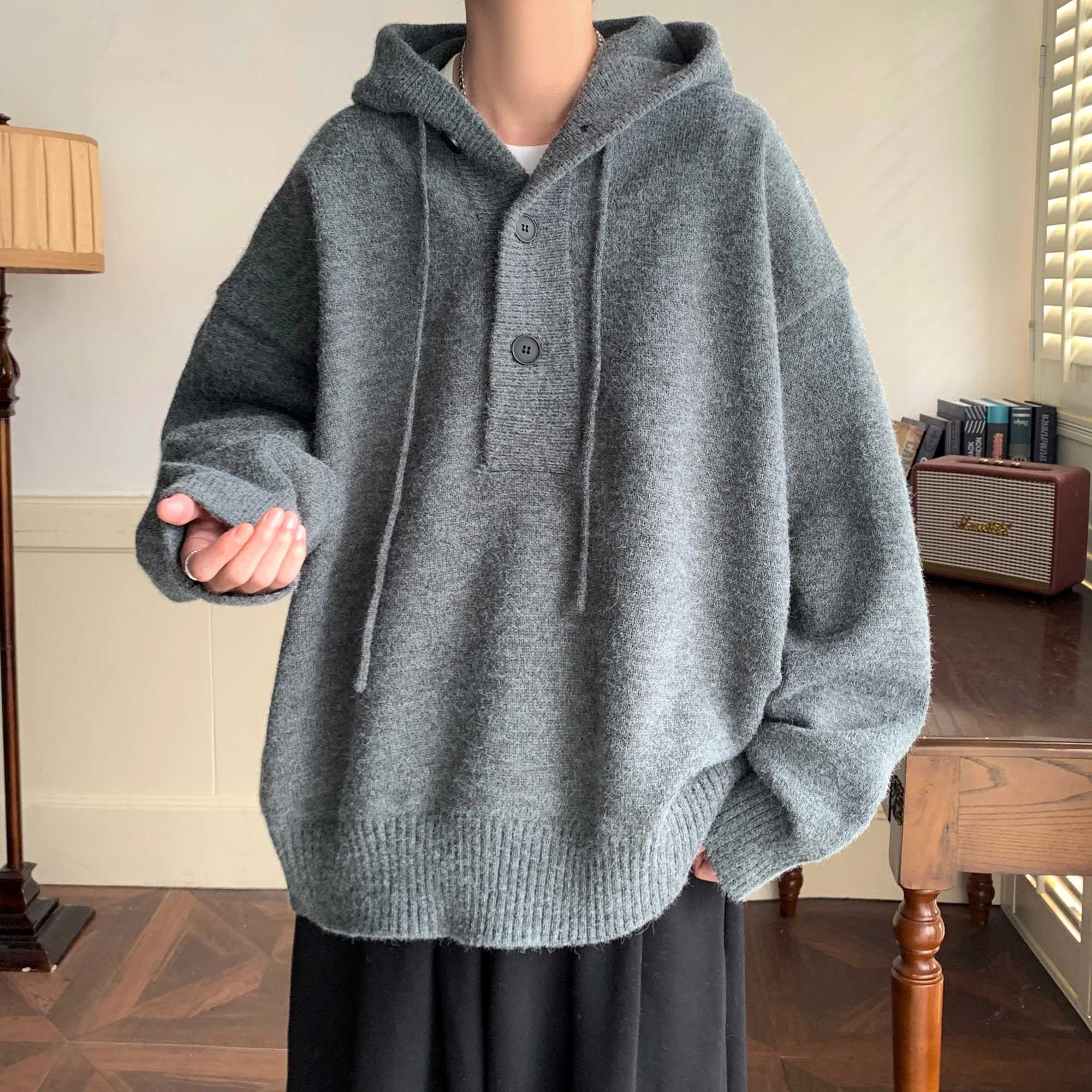悍戈 美式复古纯色高级感慵懒风软糯打底舒适保暖加厚套头连帽大码宽松休闲通勤基础款内搭叠穿长袖针织衫 男女同款