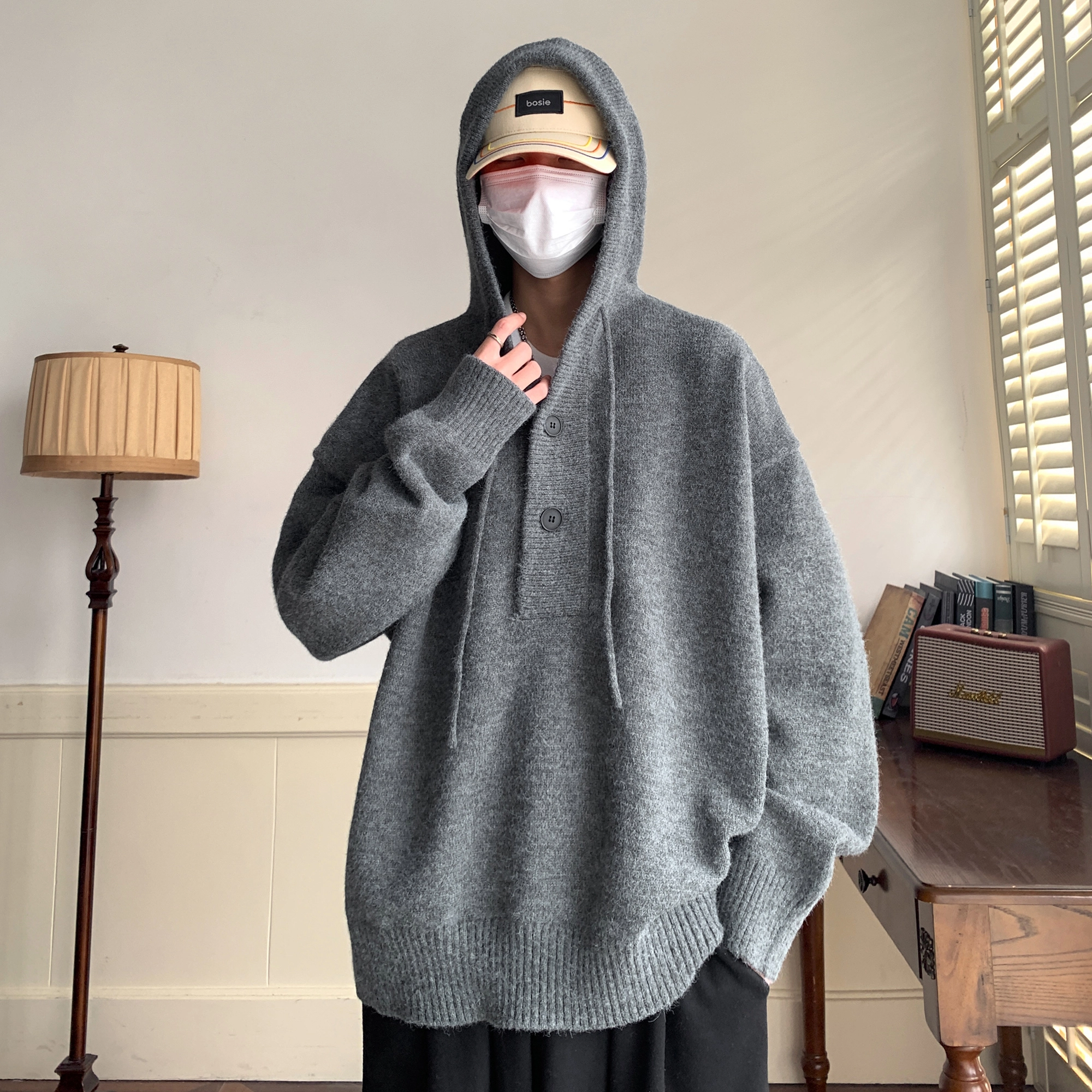悍戈 美式复古纯色高级感慵懒风软糯打底舒适保暖加厚套头连帽大码宽松休闲通勤基础款内搭叠穿长袖针织衫 男女同款
