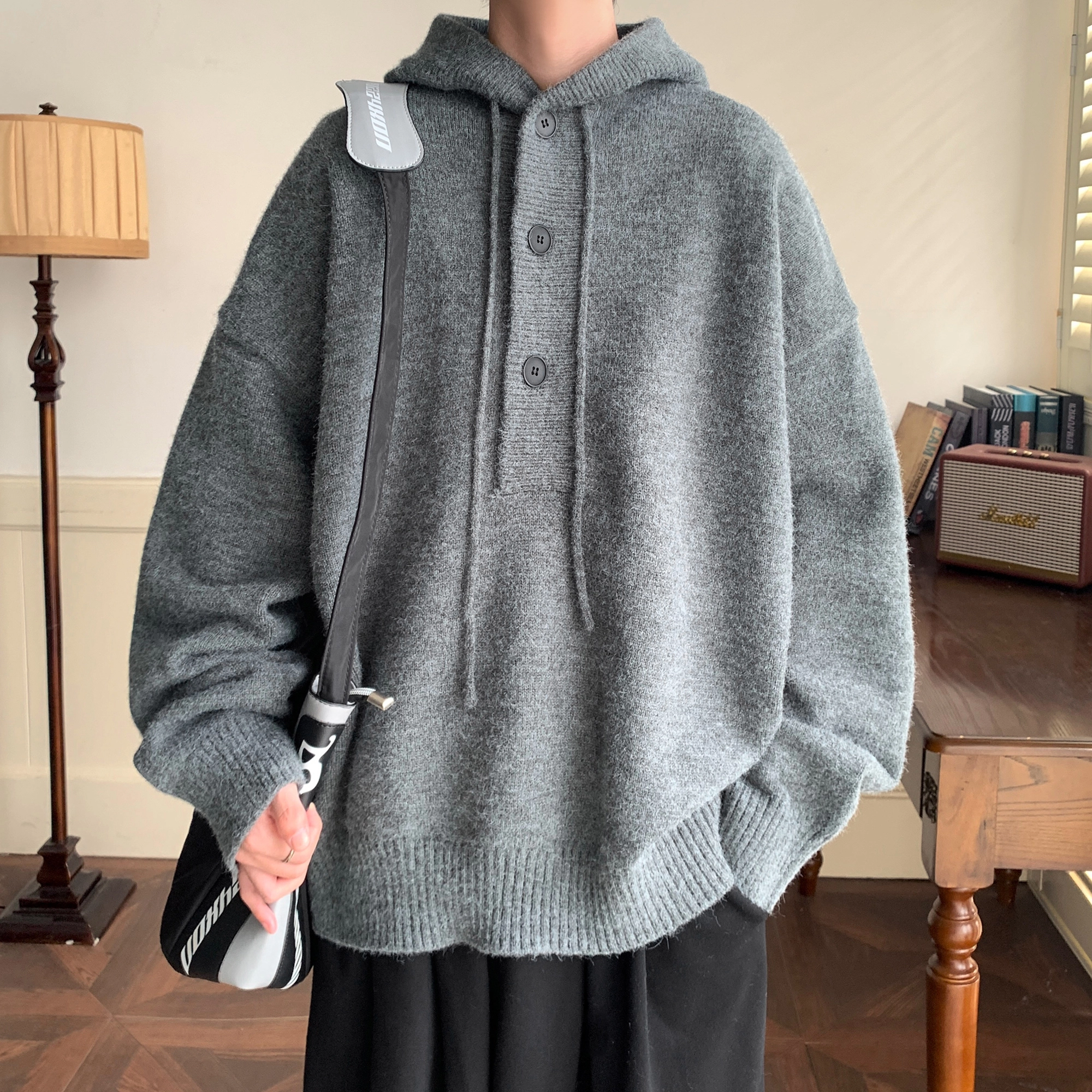 悍戈 美式复古纯色高级感慵懒风软糯打底舒适保暖加厚套头连帽大码宽松休闲通勤基础款内搭叠穿长袖针织衫 男女同款