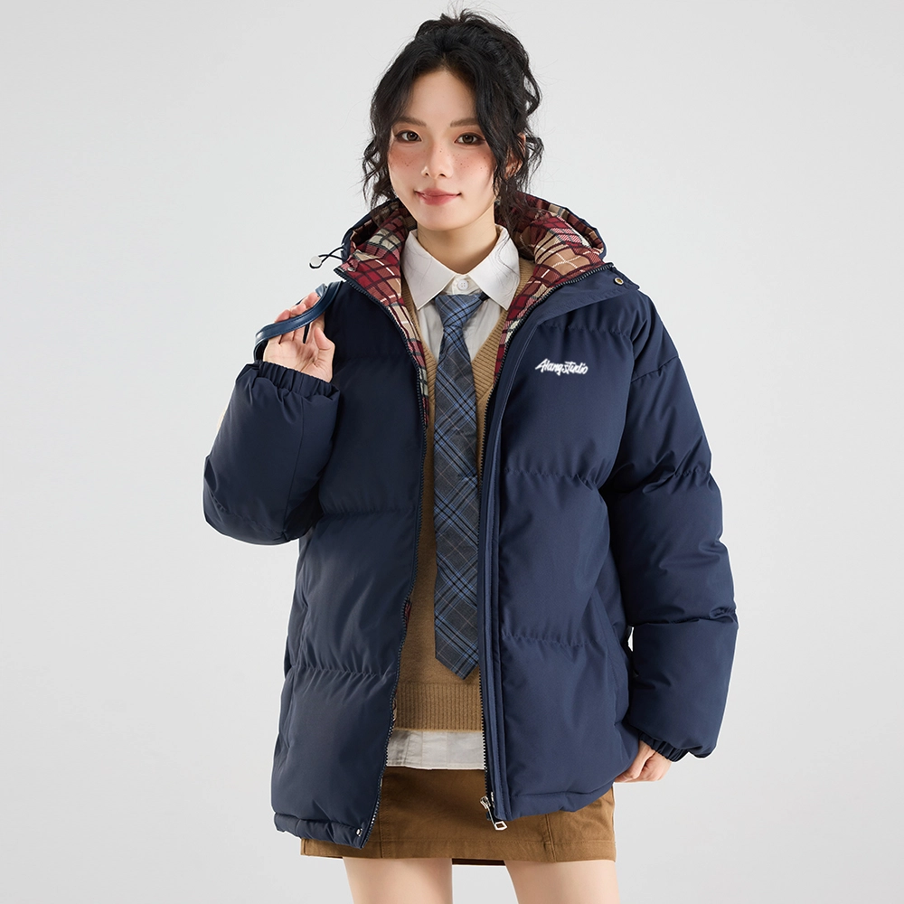 徐太浪 美式复古拼接格子设计感学院风连帽面包服加厚保暖外套宽松简约百搭棉袄上衣棉服 男女同款