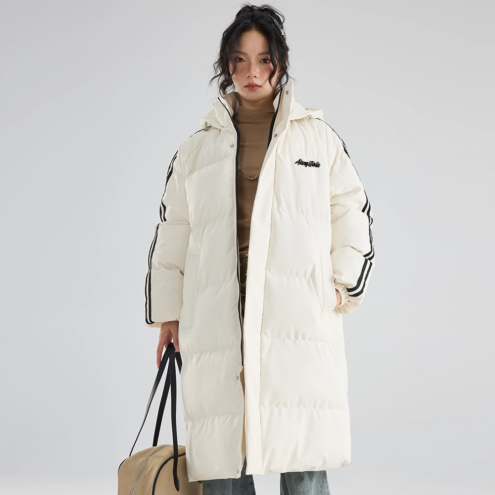 徐太浪 美式中长款过膝保暖面包服侧边撞色条纹设计感加厚连帽上衣外套棉服 男女同款