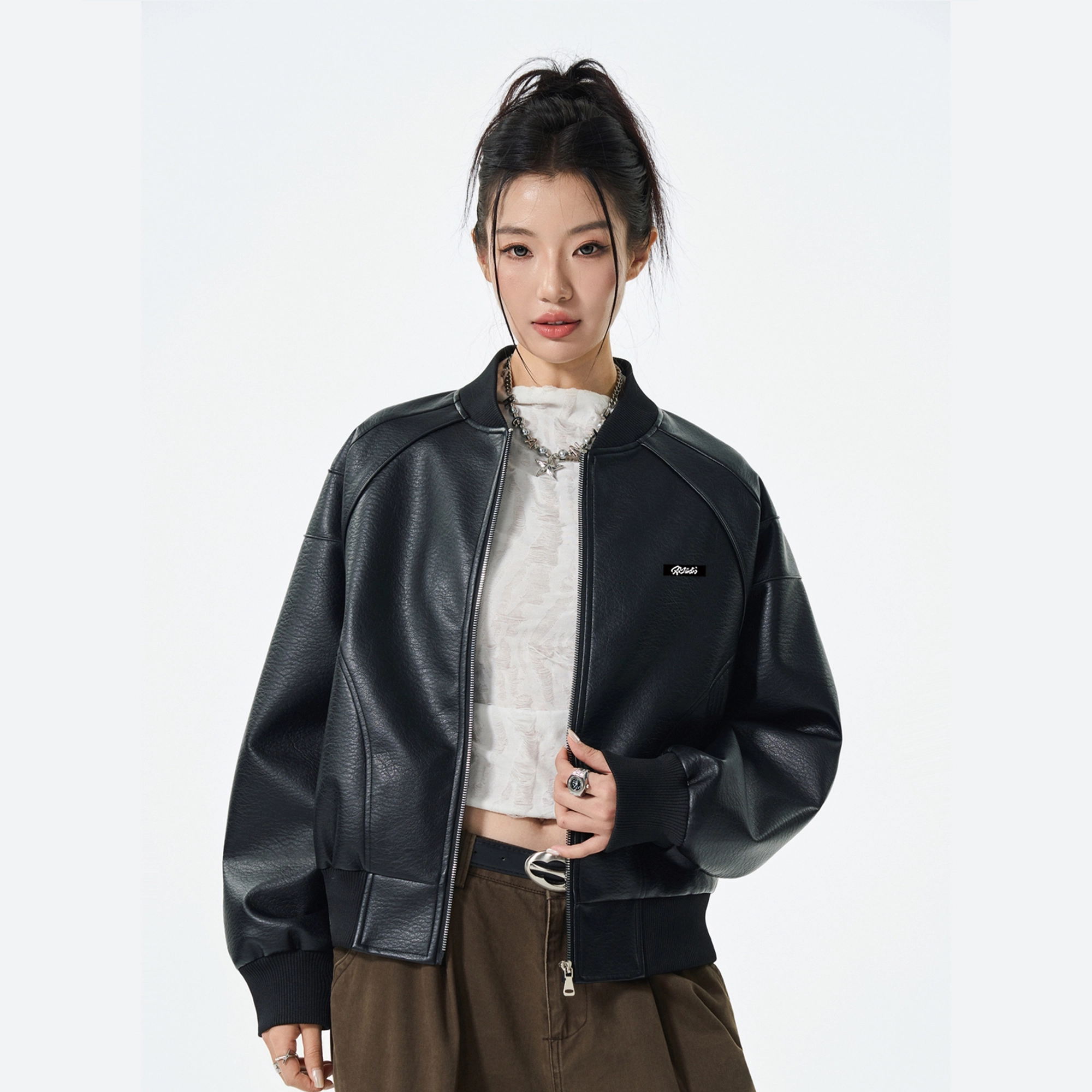 徐太浪 美式复古宽松立领外套春秋季休闲帅气皮衣 男女同款