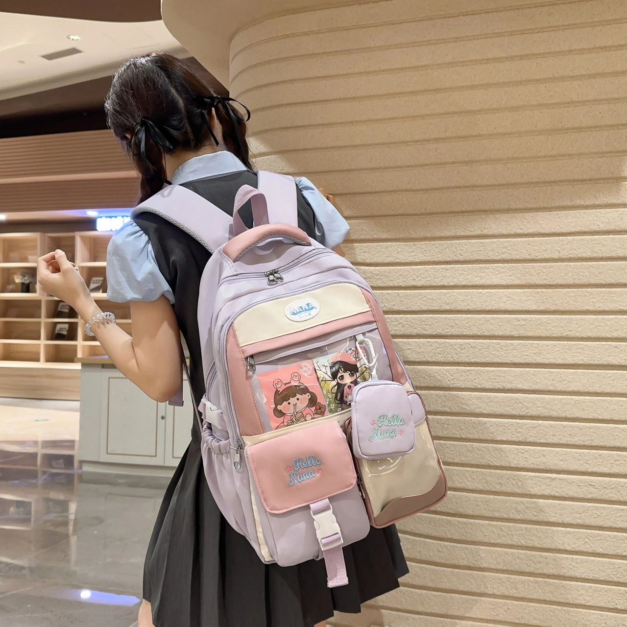 米囹 拼色动漫风潮美丽 女孩上学大容量 复古质地耐磨 男女同款 轻盈 双肩包 常规 黑色/红色/紫色/蓝色/粉色