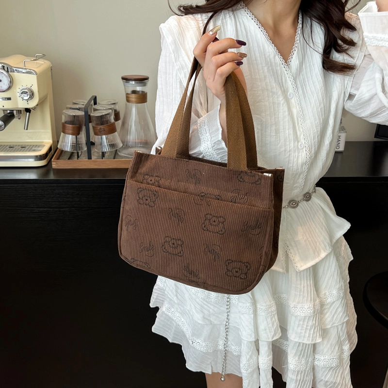 米囹 暖色系小熊印花品味英伦潮搭 优雅女孩乐趣户外穿搭单品好看 女款 轻盈 拎包 小号 青少年 白色/黑色/粉红色/咖色/棕色