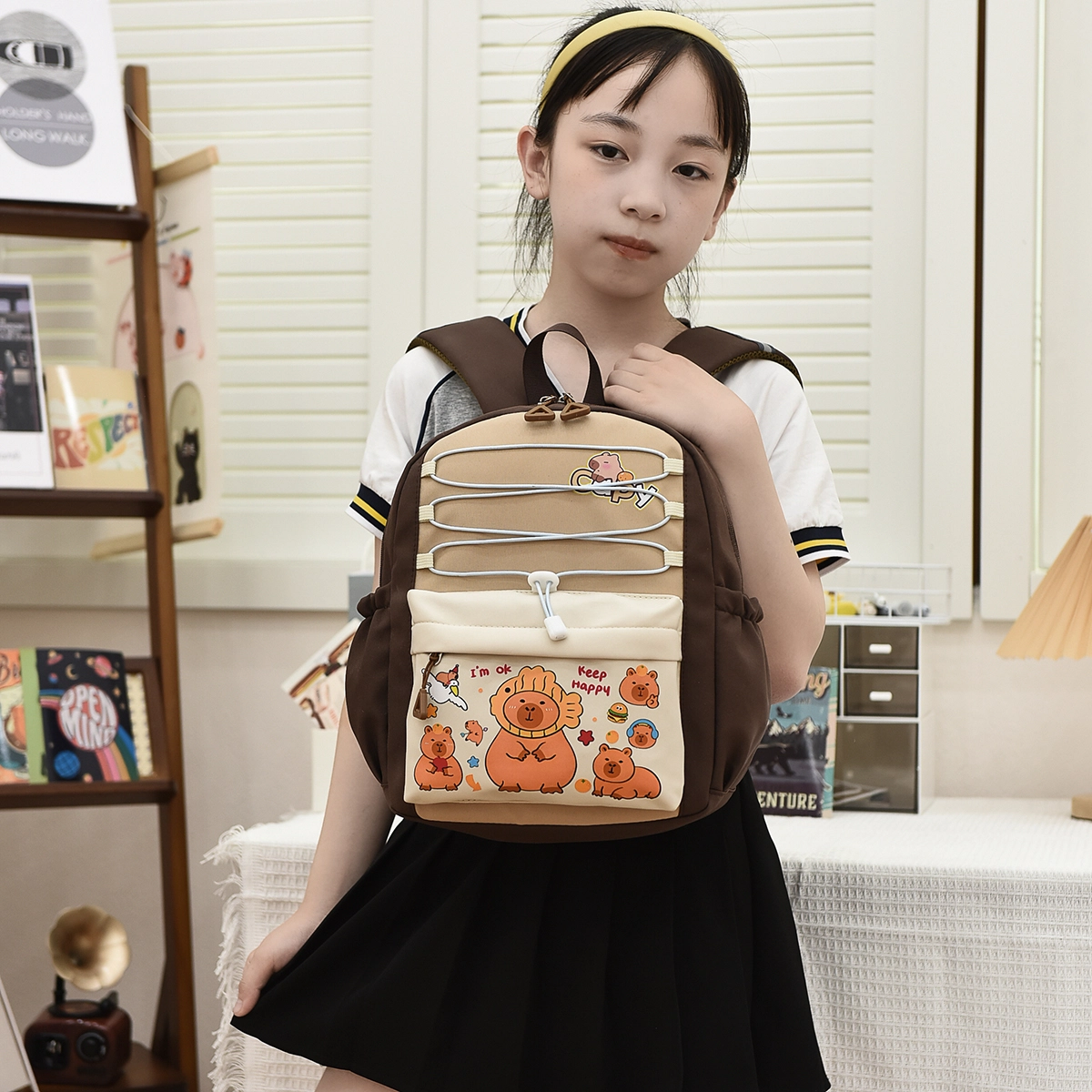 米囹 多功能耐用大容量日常可爱 小学生百搭单品小清新 男女同款 轻盈 双肩包 常规 卡其色/粉色/棕色