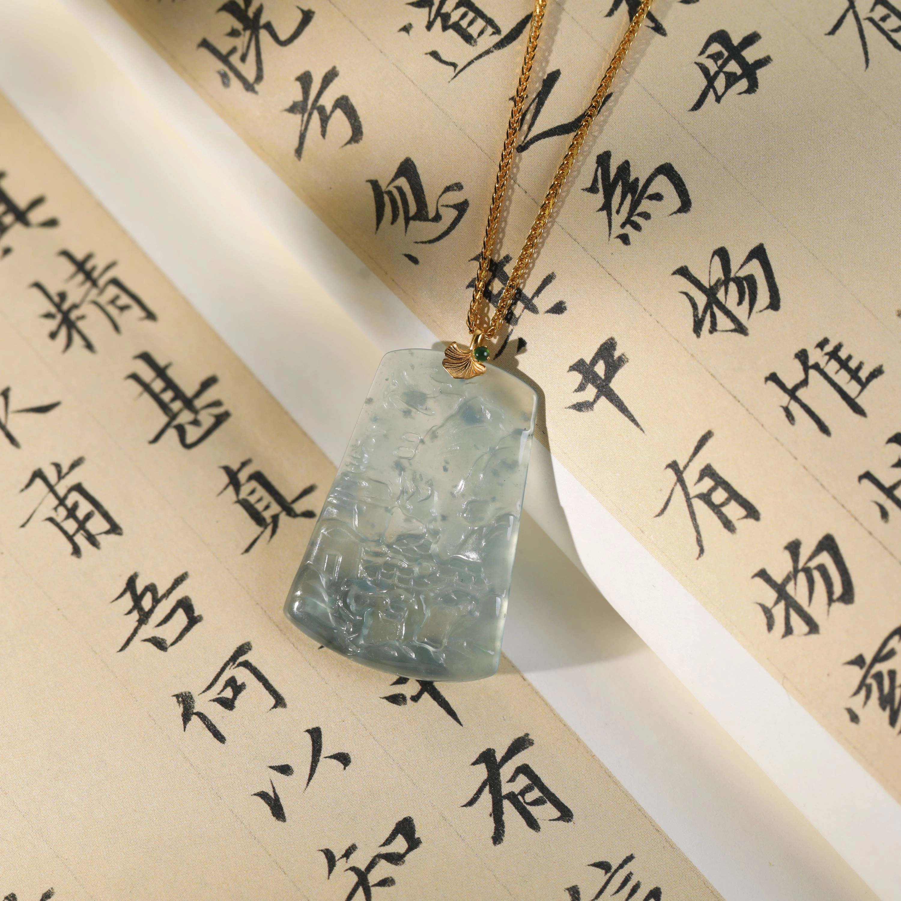 清雪 新中式国风 文玩山水牌 仁者乐山智者乐水  古风 意境感 事业运爆棚 升职加薪 糯冰 翡翠项链 男女同款情侣款