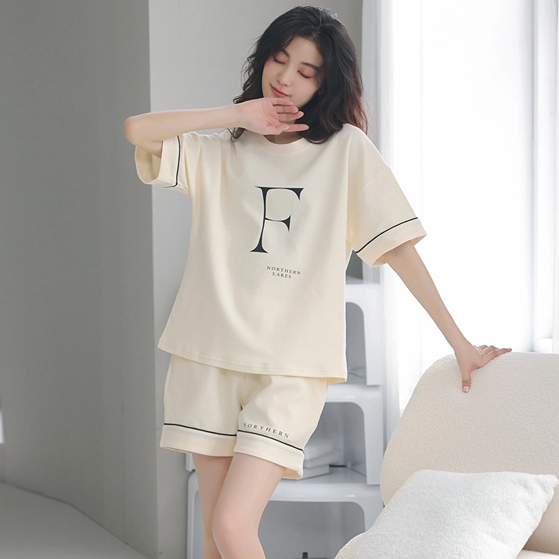 贴身领域 时尚字母印花圆领短袖带口袋可外穿薄款休闲家居服三分裤睡衣套装 女款 米白色