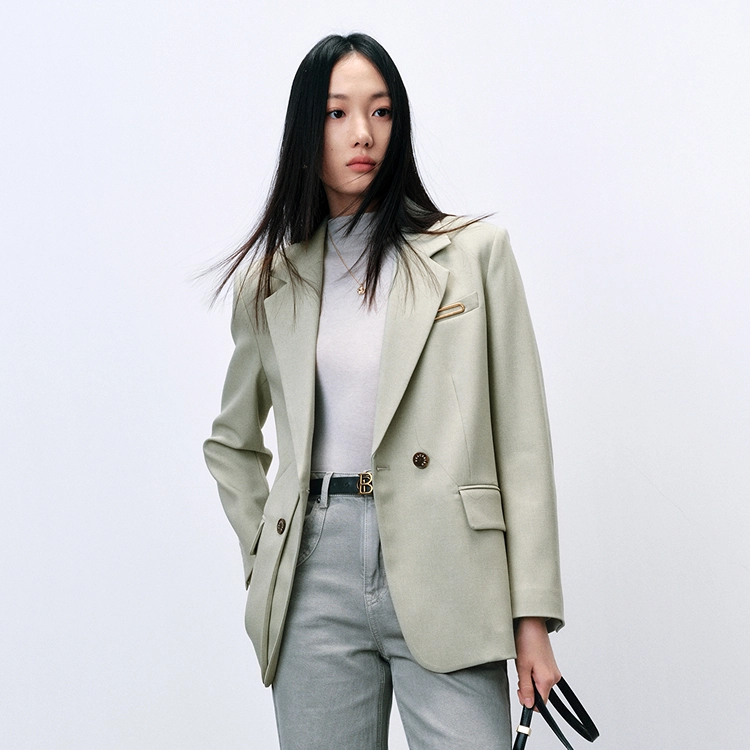太平鸟 双排扣长袖合身西装 女款 灰绿