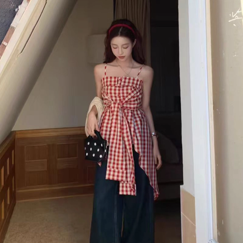 依钗 不规则系蝴蝶结格子纯欲修身背心吊带 女款