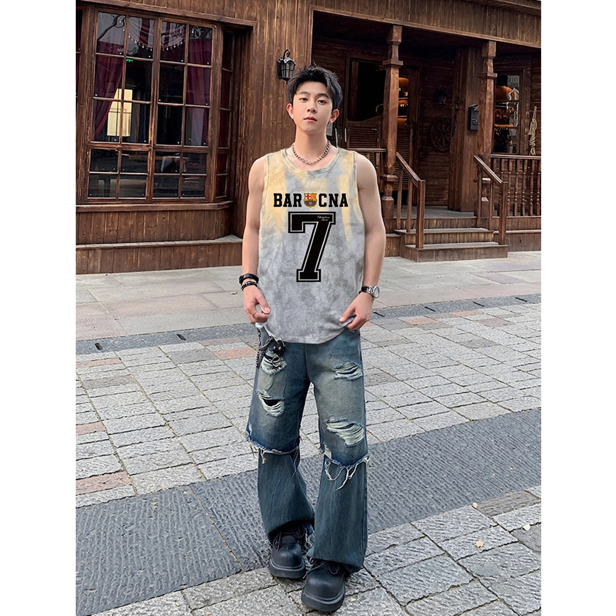 巴塞罗那足球俱乐部 美式简约字母印花百搭水洗复古高街透气亲肤柔软宽松坎肩型圆领无袖背心 男女同款