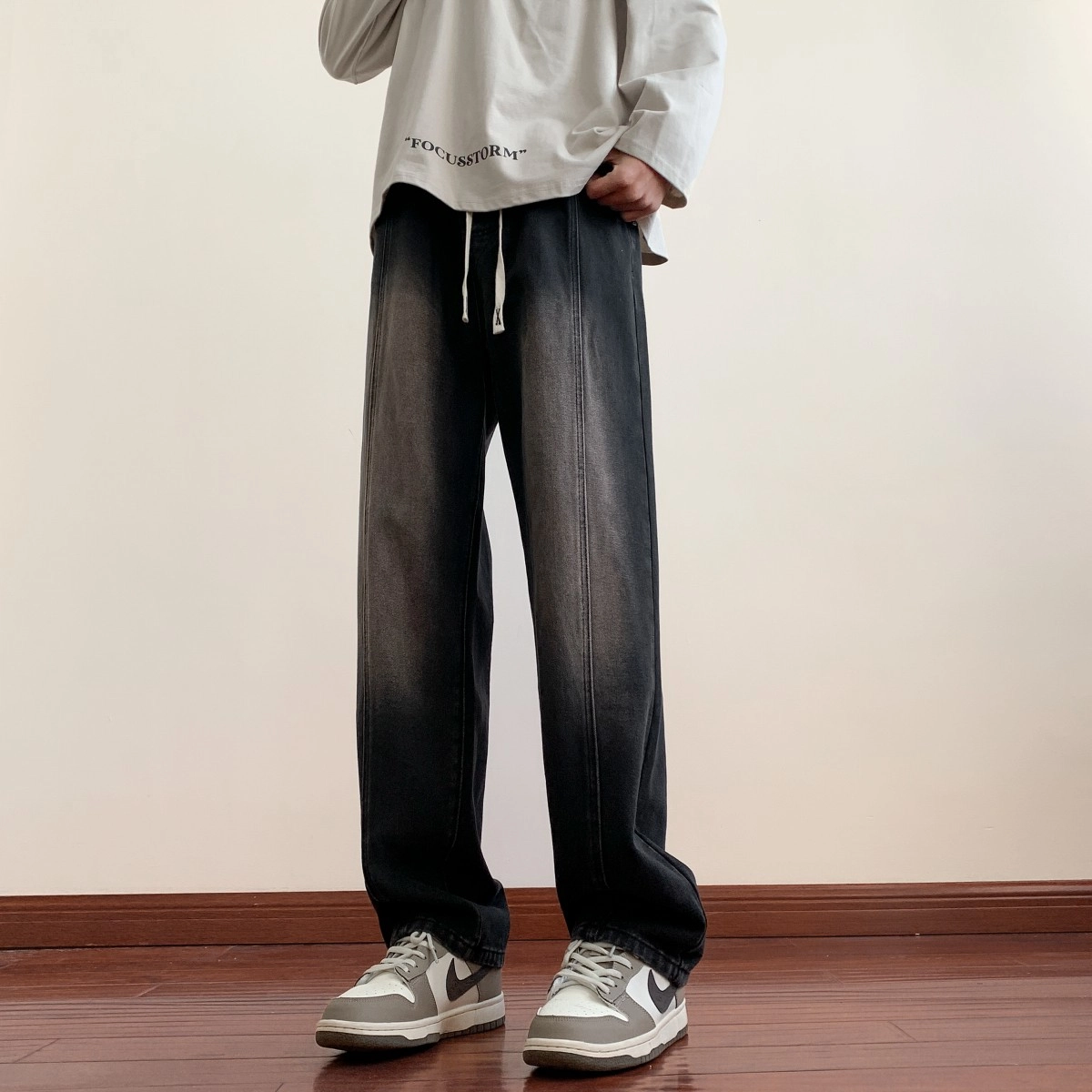 美式复古高街宽松阔腿水洗直筒牛仔裤 男女同款