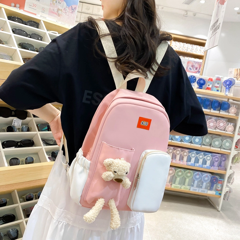尊梵 多功能电脑百搭大学生小清新小熊多口袋 双肩包 尼龙 女款 多色
