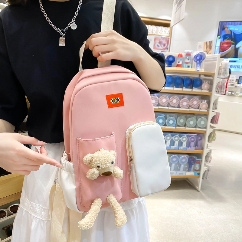 尊梵 多功能电脑百搭大学生小清新小熊多口袋 双肩包 尼龙 女款 多色