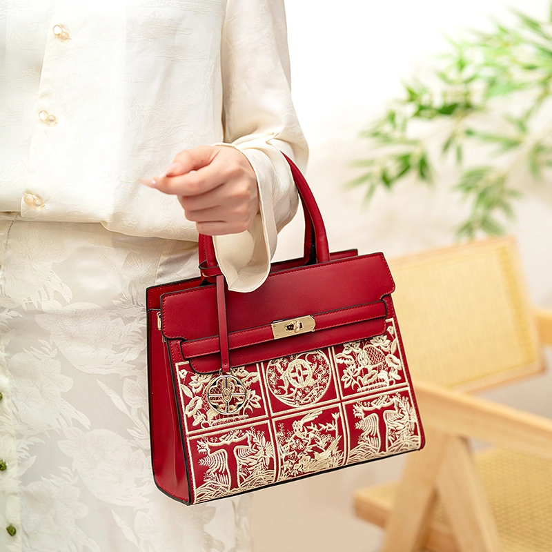 维尼奥 新中式国风刺绣婚宴包大气优雅中年妈妈包大容量百搭 合成革 单肩斜挎手提包 女款 红色