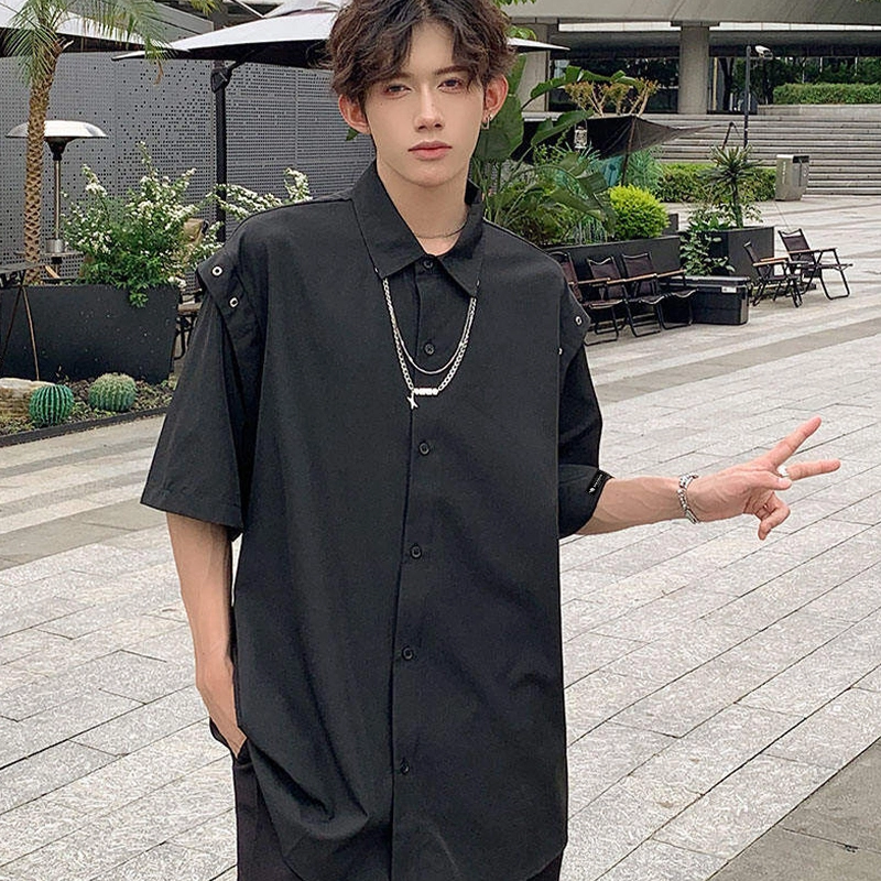 帝狼牛 美式复古高街基础款纯色项链金属扣休闲百搭短袖简约宽松显瘦痞帅慵懒感翻领舒适日常衬衫 男女同款