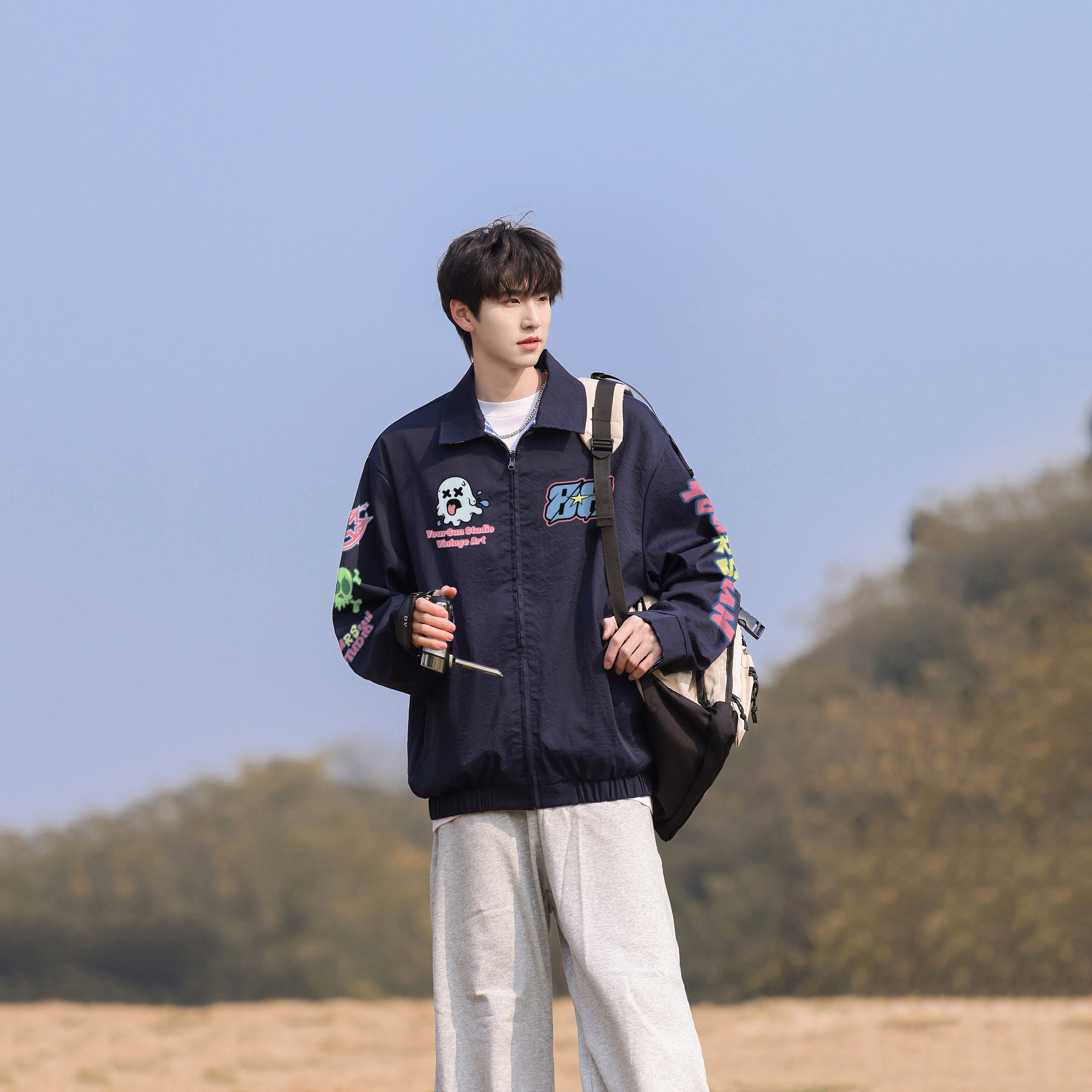 宜而爽 美式街头感袖标暗黑骷髅图案星星字母印花立领格子拼接撞色设计两面穿外套防风保暖宽松休闲百搭运动长袖夹克外套 男女同款