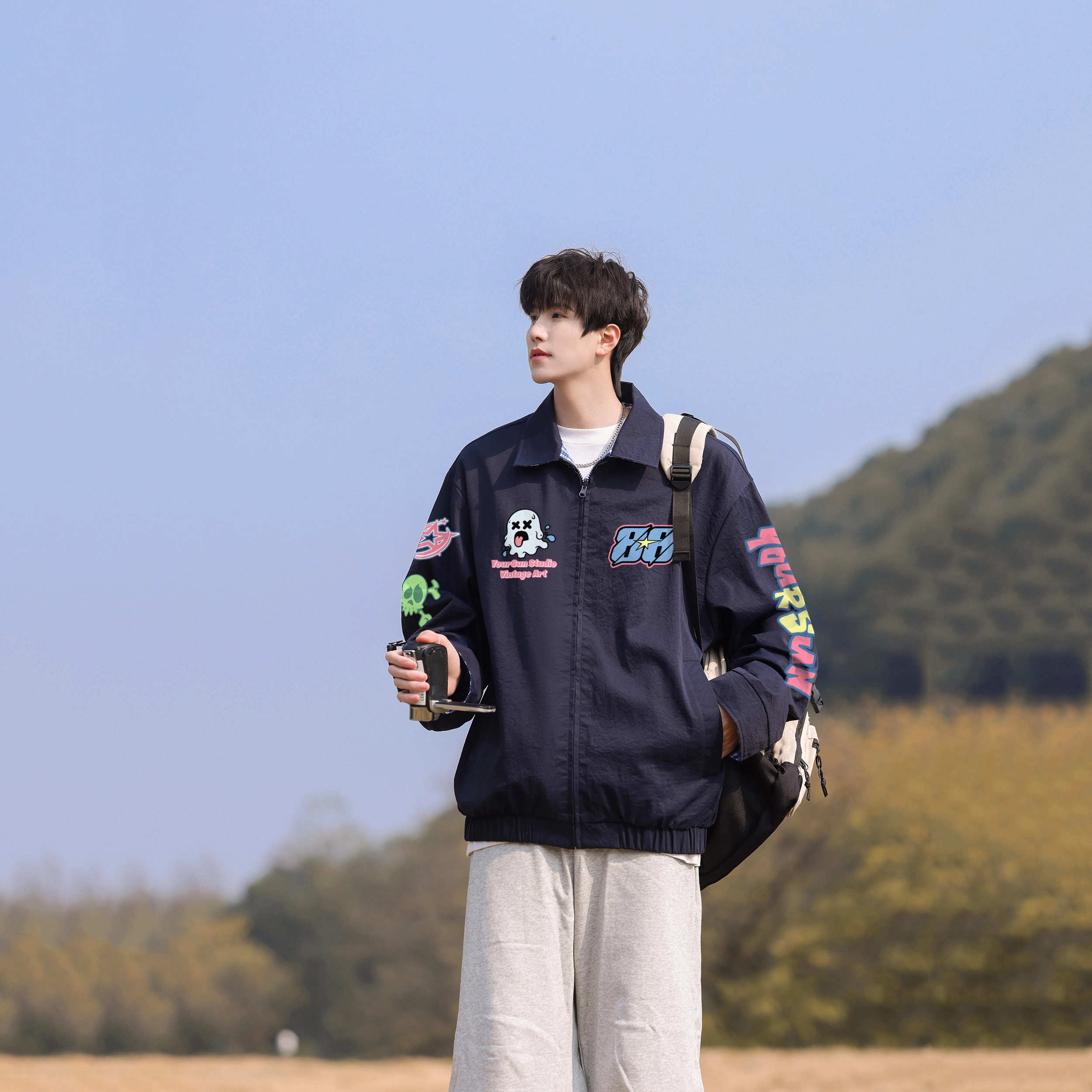 宜而爽 美式街头感袖标暗黑骷髅图案星星字母印花立领格子拼接撞色设计两面穿外套防风保暖宽松休闲百搭运动长袖夹克外套 男女同款