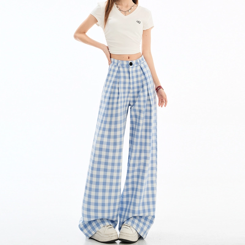 依钗 美式复古格子高腰阔腿垂感时尚休闲裤 女款