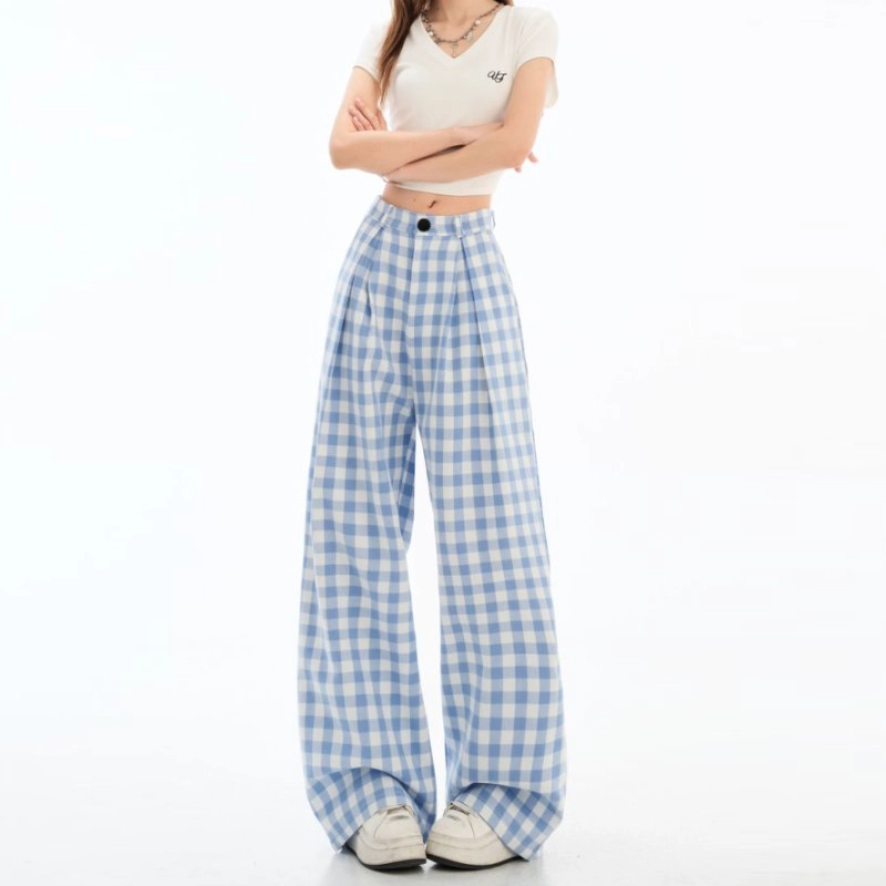 依钗 美式复古格子高腰阔腿垂感时尚休闲裤 女款