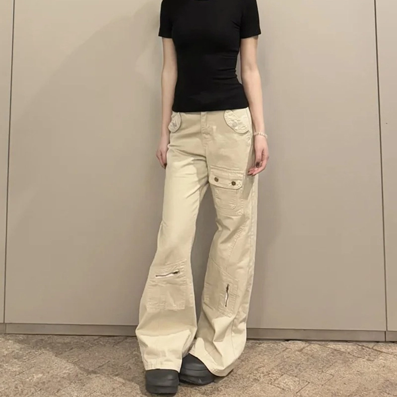 依钗 美式复古高街多口袋工装设计户外机能伐木裤高腰修身显瘦拖地休闲微喇叭牛仔裤 女款