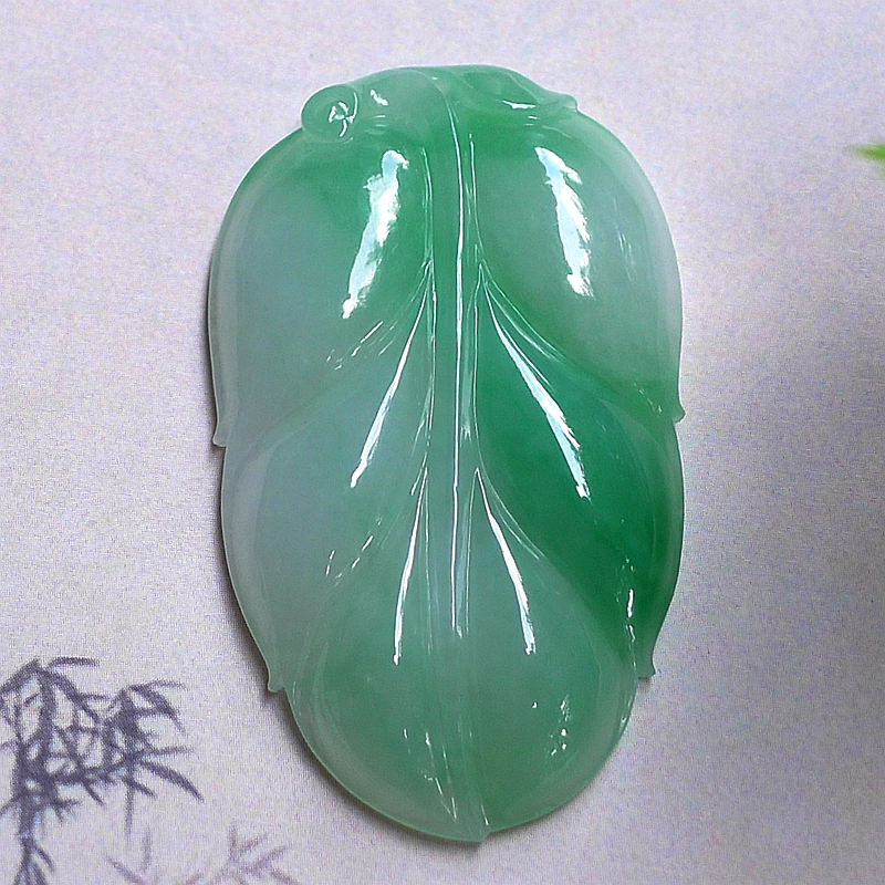 菲燕 金枝玉叶  白底青叶子 糯种 翡翠吊坠 男女同款情侣款