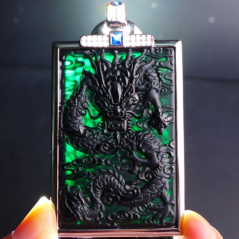 菲燕 精雕正品通透翡翠老坑墨翠龙牌玉器 糯种 吊坠 男女同款情侣款