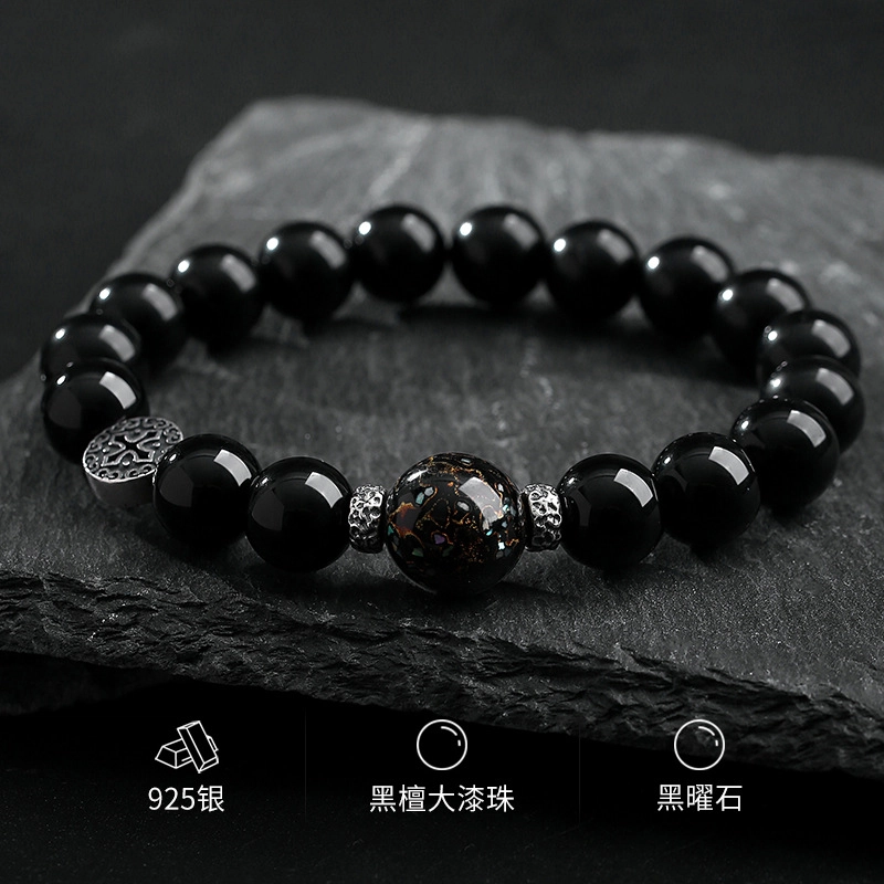 艾卡拉 手链男檀珠配件复古小众饰品 黑曜石 手串 男女同款情侣款