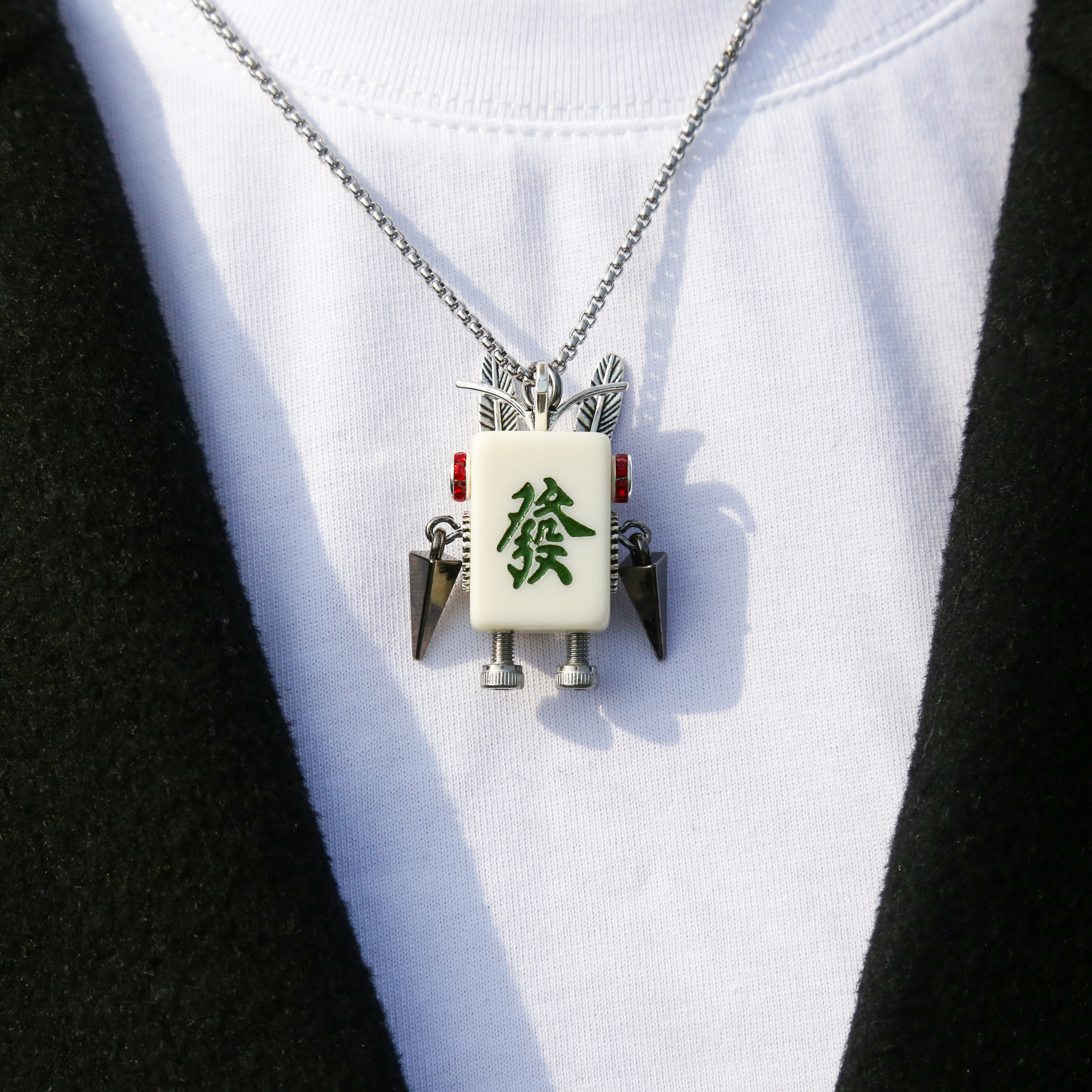 木小魔 麻将 蒸汽朋克机器人  纯手工制作木质潮玩 合金 项链 男女同款情侣款