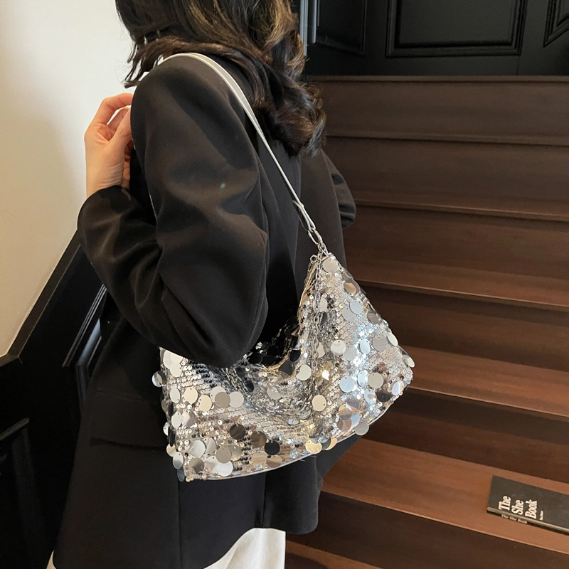 凡思曼 高级质感时尚印花百搭托特腋下包 亮片 斜挎单肩包 女款 银色/黑色/金色