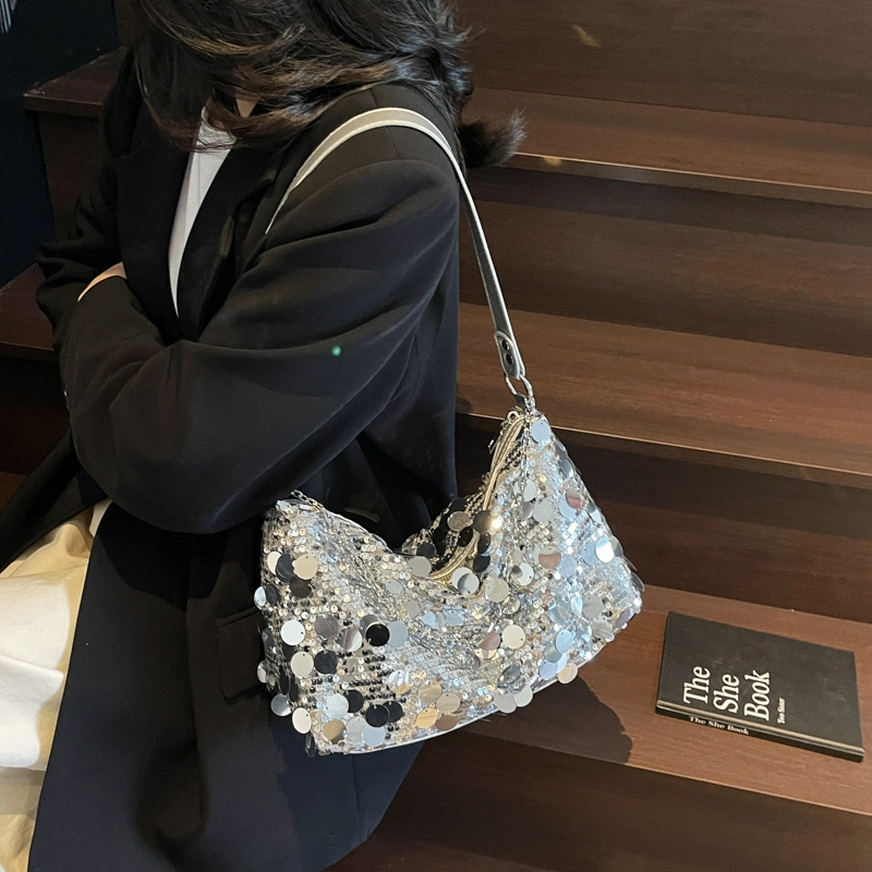 凡思曼 高级质感时尚印花百搭托特腋下包 亮片 斜挎单肩包 女款 银色/黑色/金色