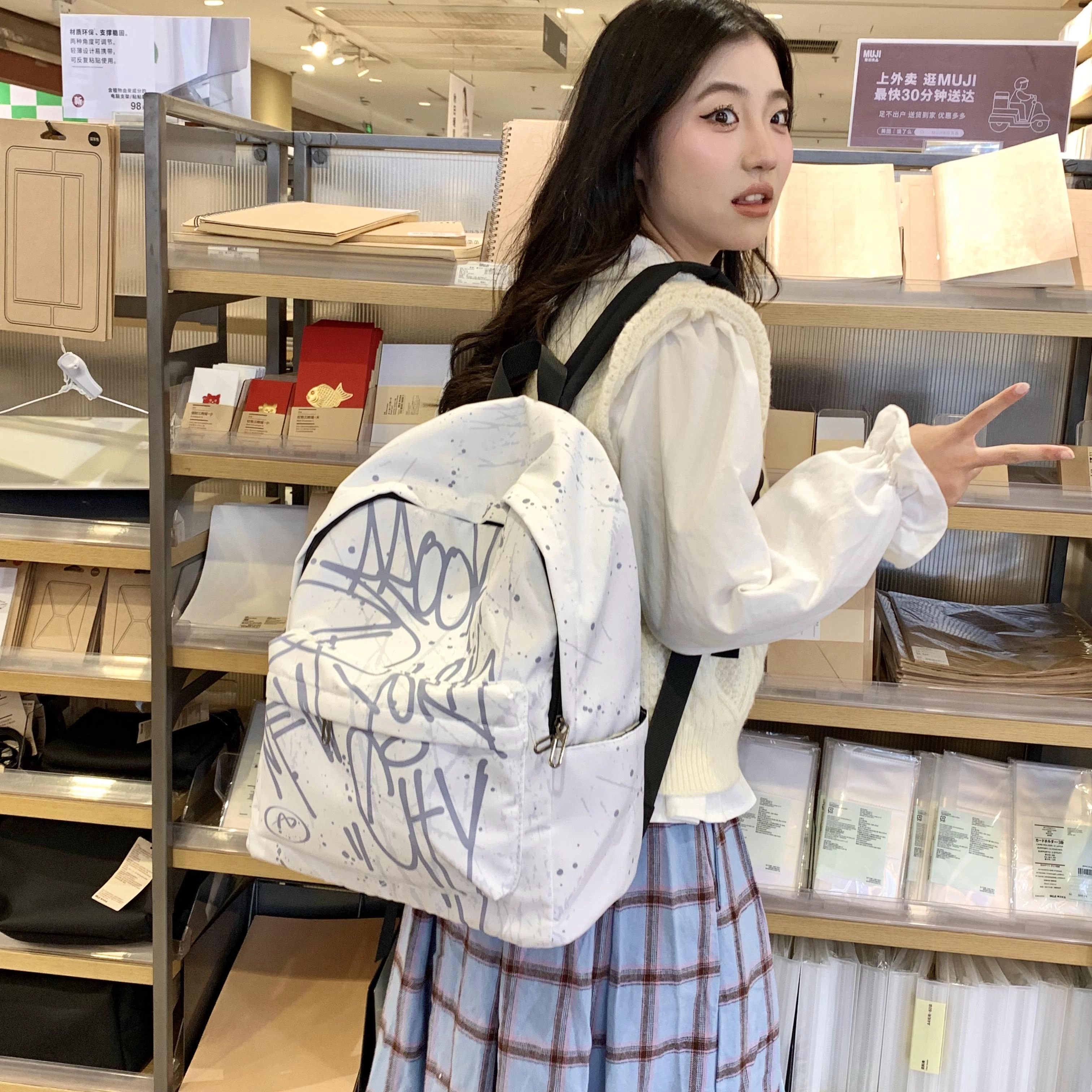 凡思曼 高级通勤百搭 防水布 双肩包 中号 女款 粉色/蓝色/灰色