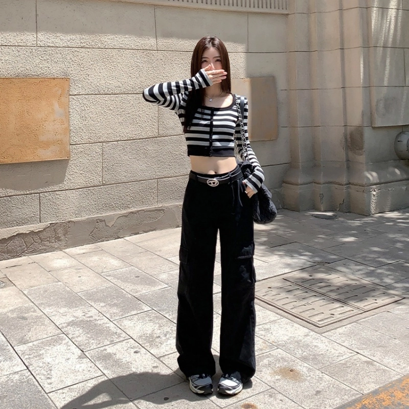 木清清 纯色高腰宽松工装裤 女款 黑色