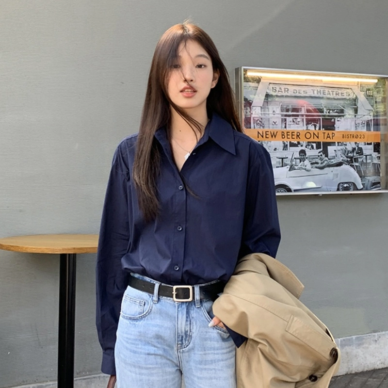 木清清 纯色翻领落肩长袖衬衫 女款 深蓝
